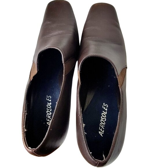 Aerosoles Leather Block Heels Women 8.5 Brown Shoes Formal Work Slip On Loafers - Picture 10 of 14
